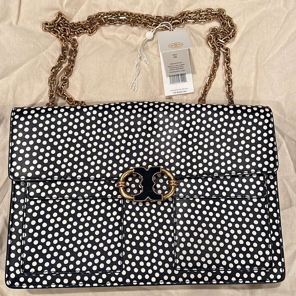 Tory Burch Gemini Link Polka Dot Printed Chain Shoulder Bag, Navy and White - Picture 2 of 14